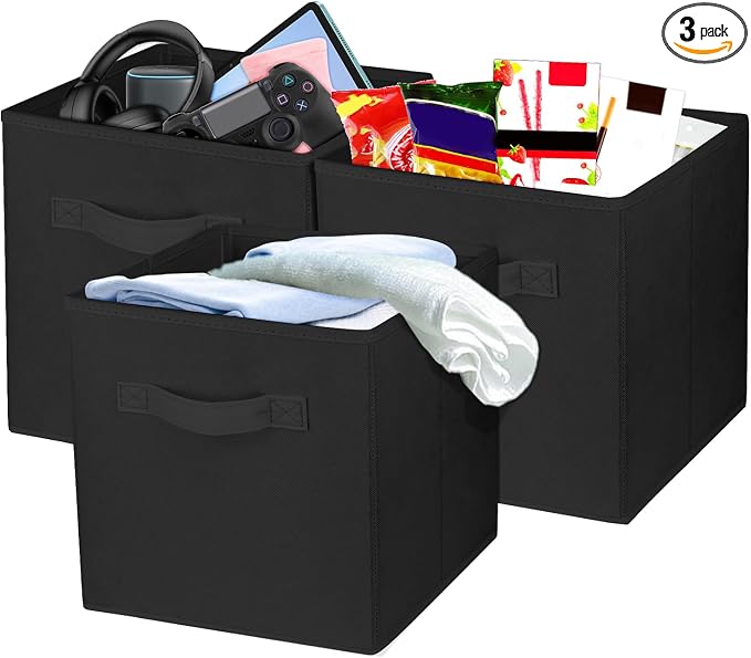 3 Pcs Storage Cubes, 10.5 Inch Collapsible Storage Bins, Fabric Foldable Bins for Organization, Durable Storage Bins for Closet, Shelves, Offices (Black) by Zuihug