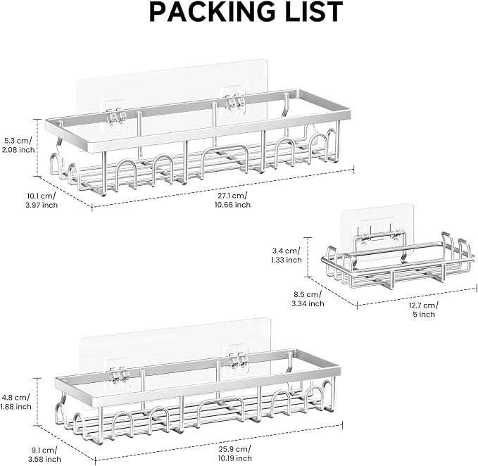 Shower Caddy, 3 Pack Shower Shelves for Inside Bathroom, Rustproof Adhesive Bathroom Organizer with Soap Holder, No Drilling Washroom Organizers and Storage for Tub Room/Kitchen/Home, Silver - Image 2