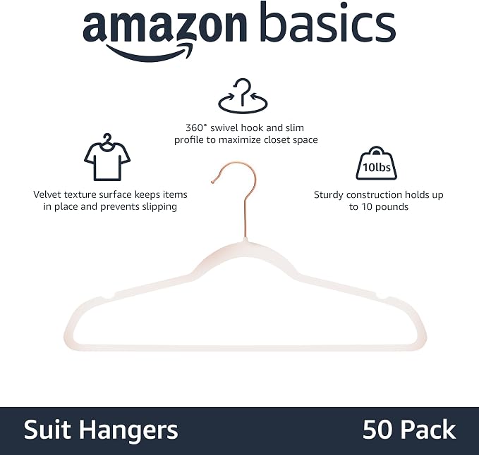 Amazon Basics Space Saving Slim Velvet Non-Slip Suit Clothes Hangers, Sturdy Construction, Closet Organizer, Pack of 50, Blush Pink/Rose Gold - Image 2