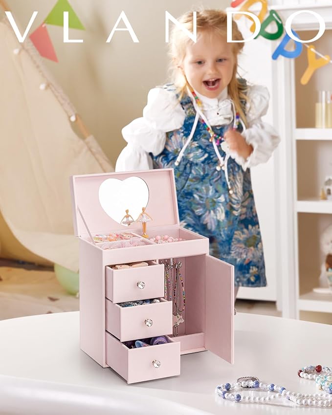 Vlando Musical Jewelry Box for Girls - Valentines Day Gift for Kid - Large Kid Music Box with Ballerina for Birthday Bedroom Decor, 4 Layer Girl Jewelry Gifts for Girls Kids - Light Pink - Image 8