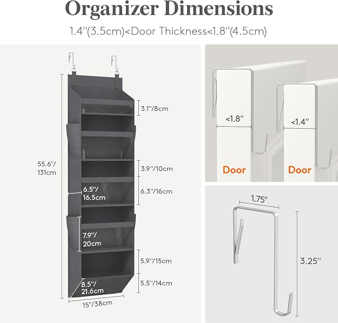 Lifewit 1 Pack Over the Door Organizer, 5 Section Clear Window Hanging Storage with 4 Side Pockets, Sturdy Anti Tilt 40 lbs Load Behind Door for Closet, Bedroom, Bathroom, Nursery, Dorm, Gray - Image 2