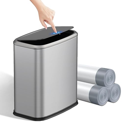 2.1 Gallon Bathroom Trash Can with Lid Press Top, 8 Liter Stainless Steel Garbage Can with Press Type Lid, Slim Trash Bin Waste Basket for Toilet, Office, Bedroom, Living Room (Silver) by KHMMGK