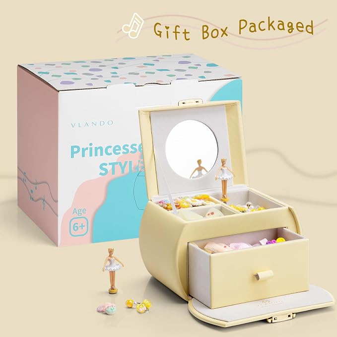 VLANDO Kids Musical Jewelry Box for Girls with Drawer, Music Box with Ballerina and Stickers for Birthday Bedroom Decor, Gifts for Girls Kids Christmas Thanksgiving Gifts 2024 - Yellow - Image 6