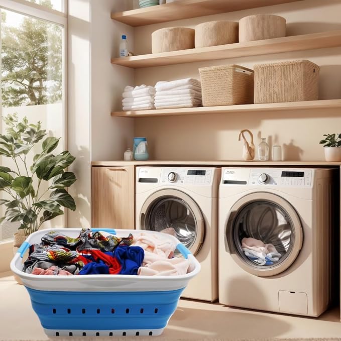 SAMMART 42L (11 gallon) Collapsible Plastic Laundry Basket - Foldable Pop Up Storage Container/Organizer - Space Saving Hamper/Basket (1, White/Marine Blue) - Image 2