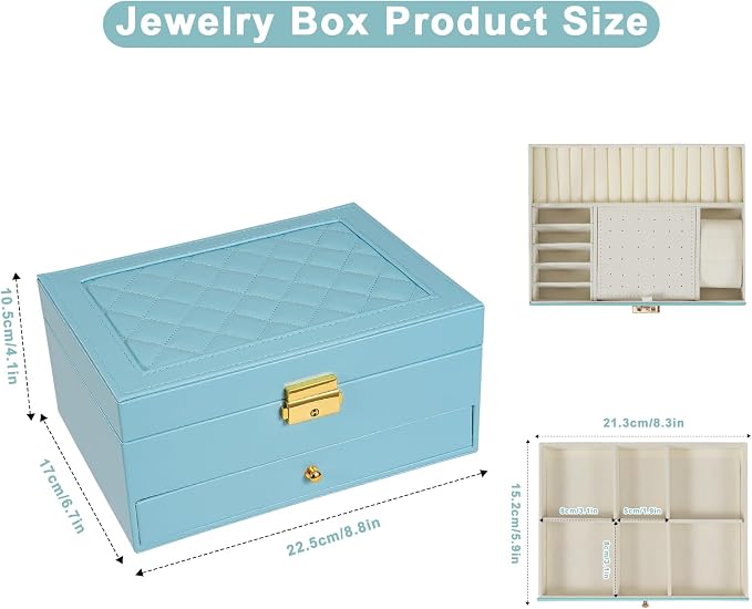 2-Layer Jewelry Box for Women, Jewelry Organizers and Storage with Removable Jewelry Tray, Vintage Quilted Top Lockable Jewelry Holder Gift Idea Sky Blue - Image 3