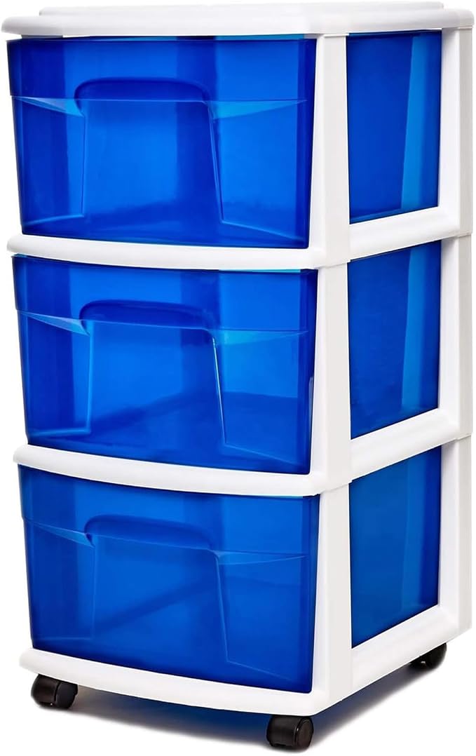 HOMZ Drawer Tower, 3-Tier Clear Blue Plastic Storage Organizer Cart, White Frame - Rolling Drawer Containers with Wheels for Bathroom, Bedroom, Office, and Classroom Organization - Image 8