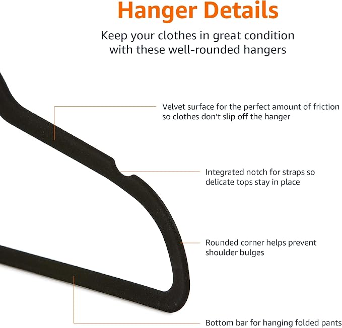 Amazon Basics Kids Space Saving Velvet Non-Slip Clothes Hangers with Shoulder Notches for Infant and Toddler, 11.6", Black, 50-Pack - Image 4