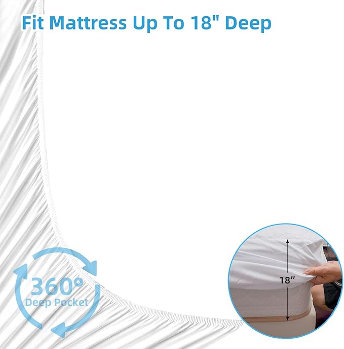 WINGLAM Queen Size Waterproof Mattress Protector，3D Air Fabric Noiseless Mattress Cover,Cooling & Breathable, Machine Washable Mattress Pad Fitted Style with Deep Pocket Up to 6"-18"(White)