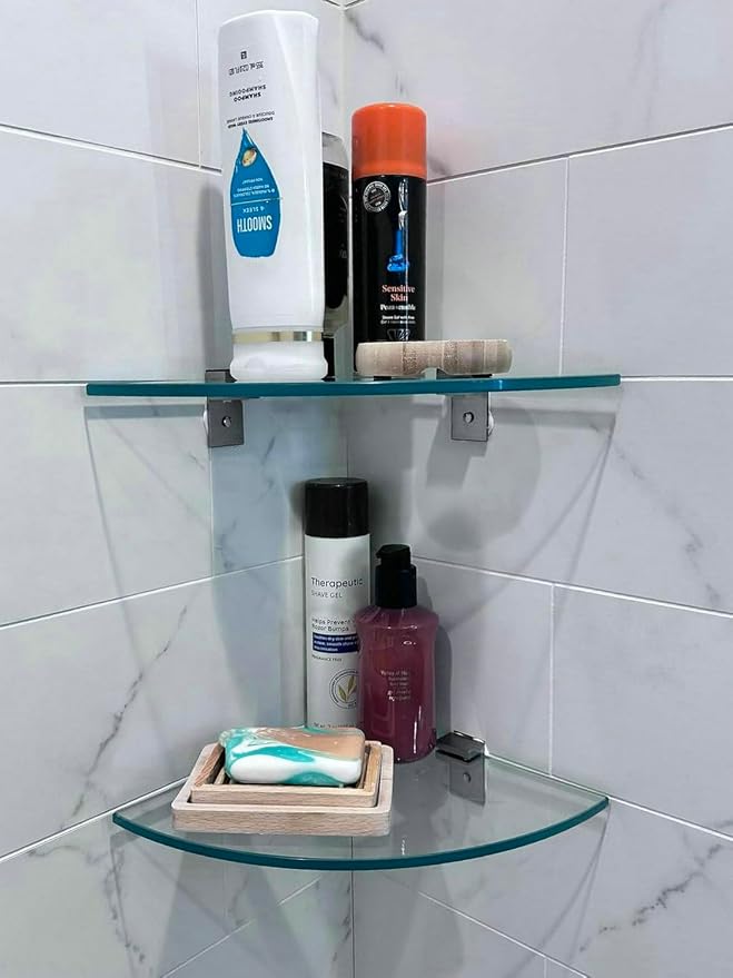 Bakzon Tempered Glass Corner Shower Shelves for Inside Shower, 2-Pack No Drill Adhesive Bathroom Organizer, Rustproof Aluminum Brackets, Glass Shower Corner Shelf - Image 8