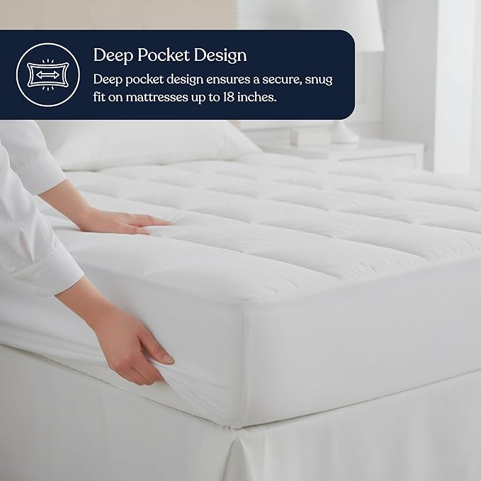 Delara Queen Size Organic Cotton Mattress Pad & Protector – Hypoallergenic Down Alternative Fill, Waterproof Noiseless TPU Protection, Cooling Mattress Topper and Cover