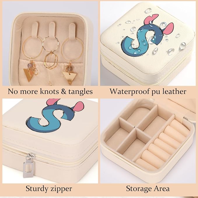 LONGXIN Cute Cartoon Gifts, Initial Travel Jewelry Case Small Jewelry Box Organizer, Personalized Gifts for Women Teen Girls, Birthday Christmas Gifts for Cartoon Lovers, Letter S - Image 3
