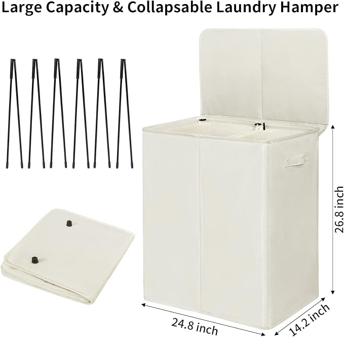 WOWLIVE 154L Double Laundry Hamper with Lid and Removable Laundry Bags, Large Dirty Clothes Hamper 2 section Collapsible Laundry Basket Dorm Room Storage for Bedroom, Bathroom, College,Beige - Image 5
