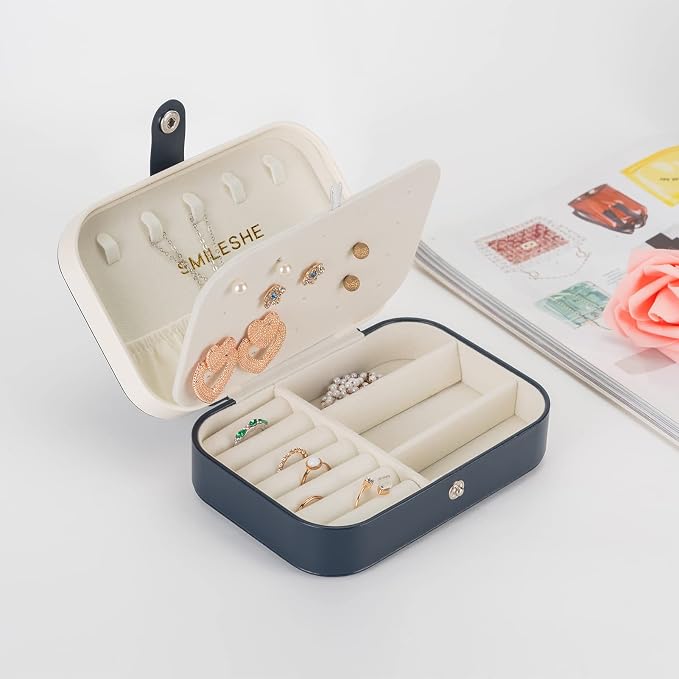 Smileshe Jewelry Box, PU Leather Small Portable Travel Case, 2 Layers Organizer Display Storage Holder Boxes for Rings Earrings Necklaces Bracelets - Image 2