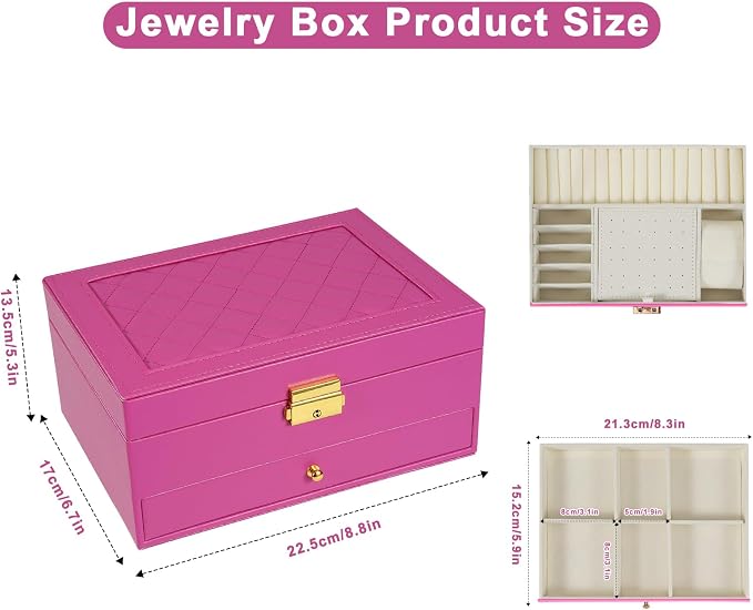 2-Layer Jewelry Box for women, jewelry organizers and storage with Removable Jewelry Tray, vintage quilted top Lockable Jewelry Holder Gift Idea Rose Red - Image 4
