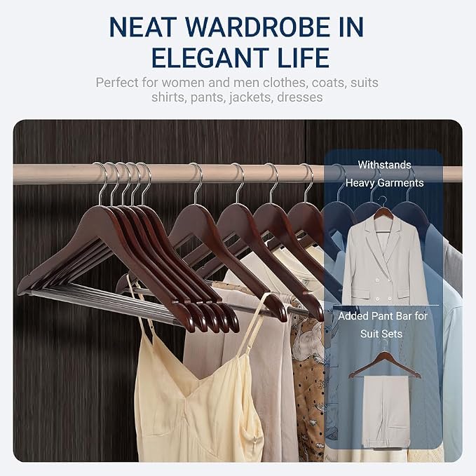 Amber Home 20 Pack Walnut Wooden Coat Hangers, Vintage Wood Suit Hangers with Non-Slip Pant Bar, Clothes Hangers for Closet Organization, Shirts, Jackets, Dresses, and Pants (Retro, 20) - Image 6