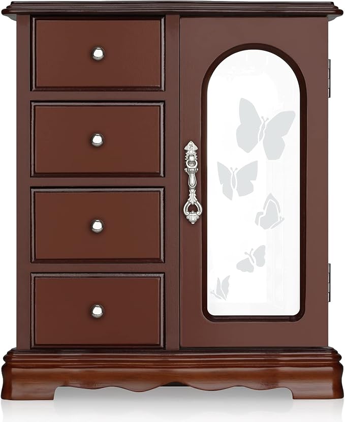 RR ROUND RICH DESIGN Jewelry Box - Made of Solid Wood with 4 Drawers Organizer and Built-in Necklace Carousel and Large Mirror Brown by RRROUNDRICHDESIGN