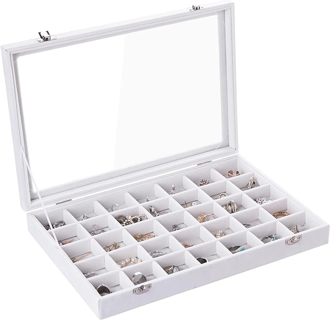 Frebeauty Velvet Jewelry Tray,35 Grid Jewelry Organizer with Clear Lid,Earring Holder Organizer Case with Clasp,Drawer Insert for Rings Studs,13.8 x 9.5 x 2 Inches,Gift for Women Girls(White) by Frebeauty