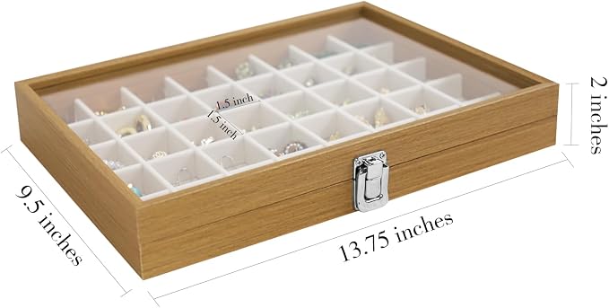 Stratalife Jewelry Organizer 40 Grid Jewelry Trays with Clear Lid Wood Earring Organizer Ring Holder Accessories Box Necklaces Earrings Storage for Women Drawers Vintage Style Beige - Image 3