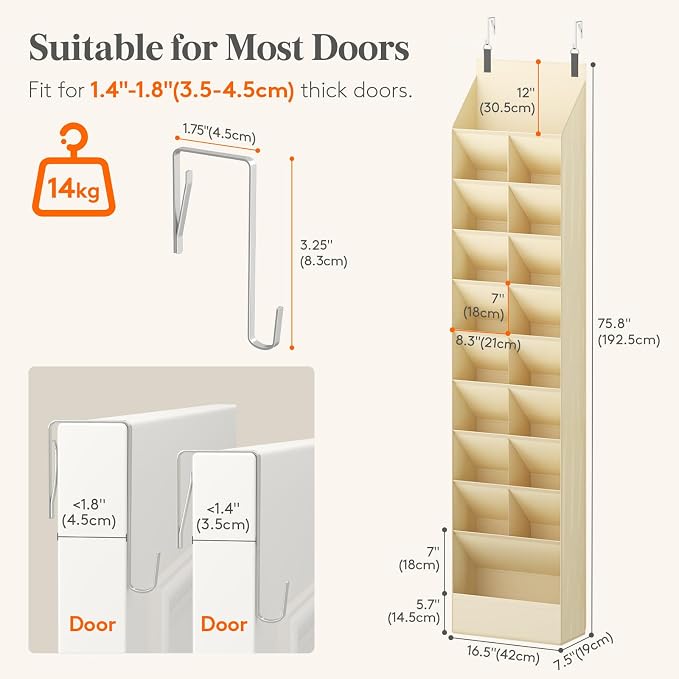 Lifewit 10 Tier Over the Door Shoe Organizer with 19 Large Deep Pockets, Fabric Hanging Shoes Shelf for Closet, Dorm Storage, Fit Up to 20 Pair Shoe Rack Holder for Sneakers, Boots, Beige - Image 2