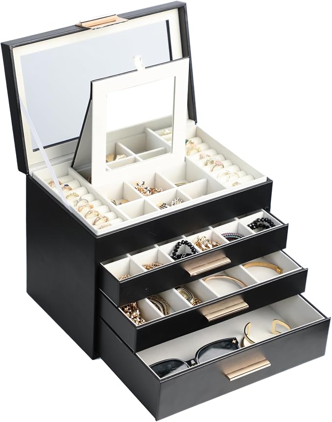 BOOVO Jewelry Boxes for Women, White and Black 6 Layer Large Jewelry Box for Necklace, Bracelet, Earrings, Rings Storage, Jewelry holder Organizer for Girls Gift (Clear Black, 4 layer) - Image 7