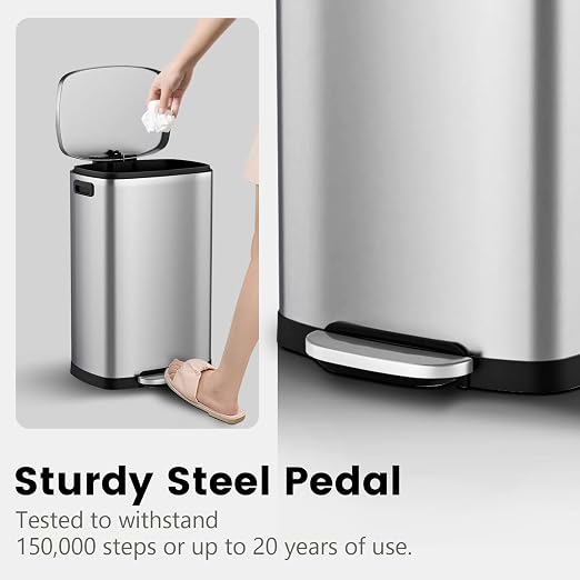 ELPHECO Kitchen Trash Can with Lid Soft Close,13 Gallon / 50L Stainless Steel Pedal Garbage Can, Heavy-Duty Fingerprint Proof Step Wastebasket with 20 Bags, Removable Bucket, Home Office, Silver - Image 5