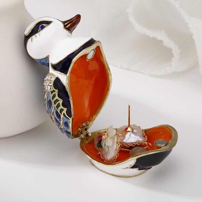 Hand Painted Enamel Duck Trinket Box for Home Decor, Hinged Jewelry Organizer for Ring Earrings, Unique Figurine Keepsake Collectible Personalized Elegant Handmade Ornament Gifts (Blue Cartoon Duck) - Image 3