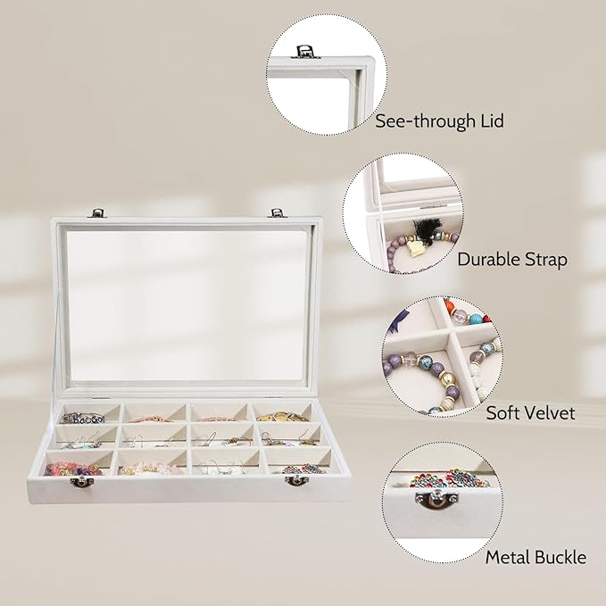 Stratalife Jewelry Organizer Bracelet Organizer Storage Box 12 Grid Stackable Jewelry Tray with Lid Velvet Jewelry Box for Drawer Necklace Bracelet Display Storage Organizer Box (Beige) - Image 2