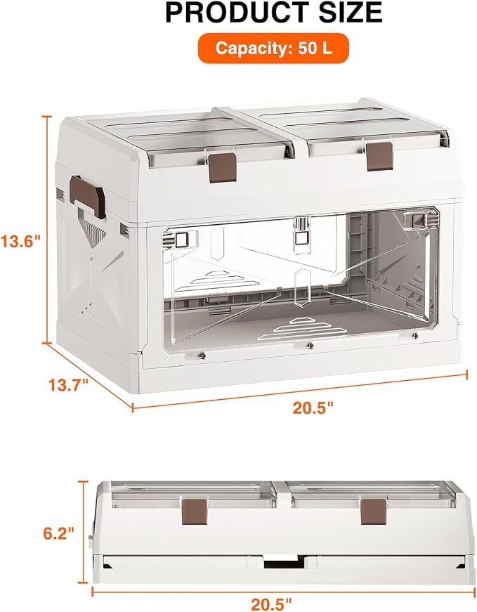 Closet Organizer and Storage Box, Large Essential Collapsible Plastic Car Trunk Container with Clear Lids and Doors, Open Front Multifunctional Stackable Bin for Bedroom, Dorm Room, Craft 50 L - Image 2