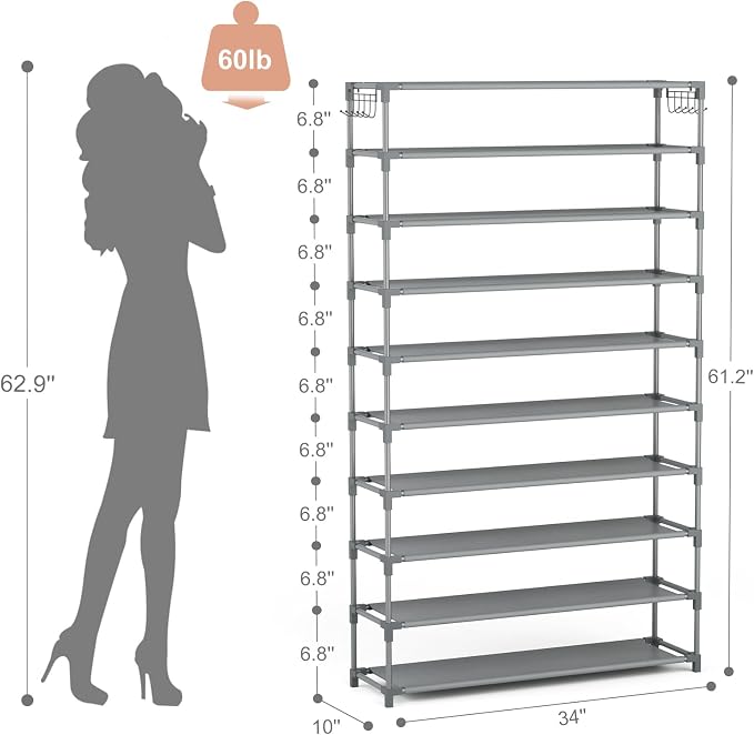 LANTEFUL 10 Tiers Shoe Rack 50 Pairs Large Capacity Tall Shoe Organizer Sturdy Shoe Storage with Two Hooks Space Saving Metal Wide Shoe Rack for Closet, Entryway, Bedroom, Grey - Image 3