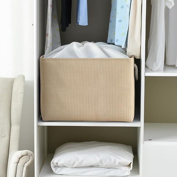 TheWarmHome Storage Bin for Shevles - Extra Jumbo 3Pack 20.5L×15.7W×13.8H inch Organization and Storage Basket for Organizing, Fabric Storage Cubes for Closet Shoe Linen Decorative (Beige) - Image 2