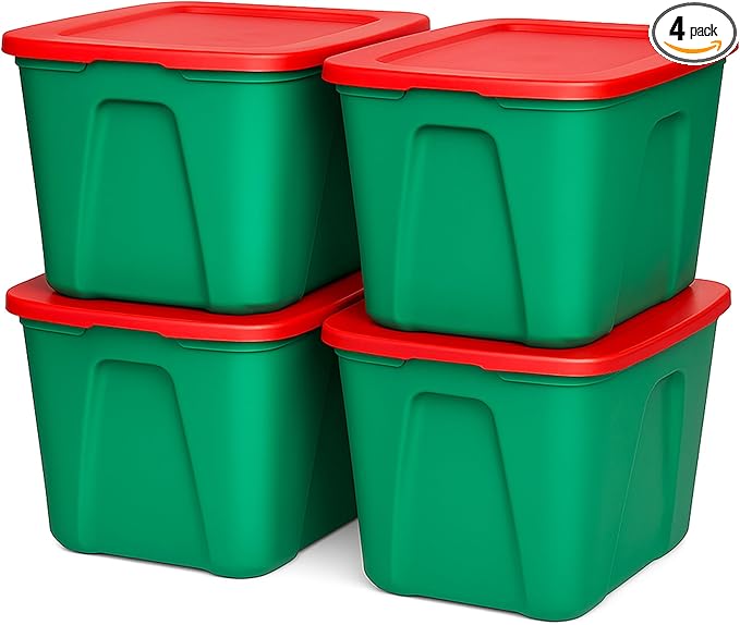 HOMZ 4-Pack Molded Bin, Holiday Storage Containers w/ Lids, 18 Gal, Green/Red Stackable Plastic Totes for Christmas Decorations, Gift Wraps, Crafts