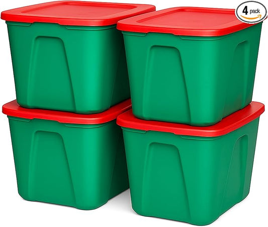 HOMZ 4-Pack Molded Bin, Holiday Storage Containers w/ Lids, 18 Gal, Green/Red Stackable Plastic Totes for Christmas Decorations, Gift Wraps, Crafts