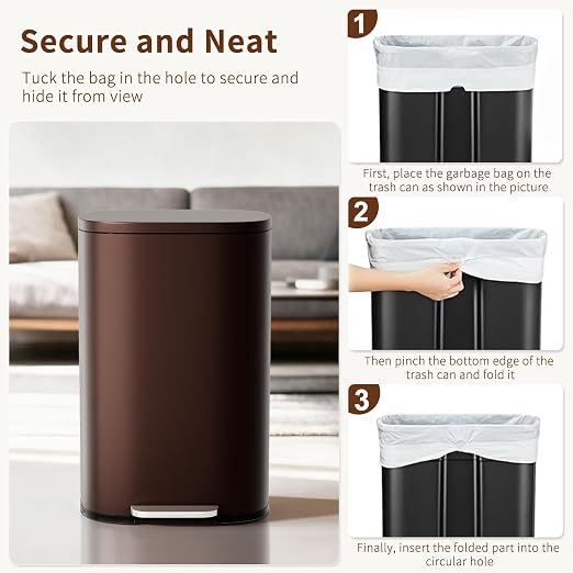 PayLessHere Stainless Steel Trash Can with Lid - Removable Inner Bucket, Foot Pedal Soft Close for Office, Home, Kitchen Garbage Bin (Brown, 13 G) - Image 6