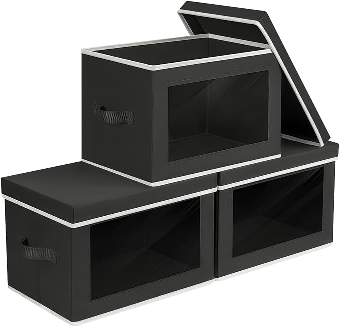 Homsorout Storage Boxes with Lids - 3 Pack Fabric Clear Window Storage Bins, Collapsible Storage Bins with Lids, Linen Closet Organizer for Clothes, Towel, Blanket, Black by Homsorout