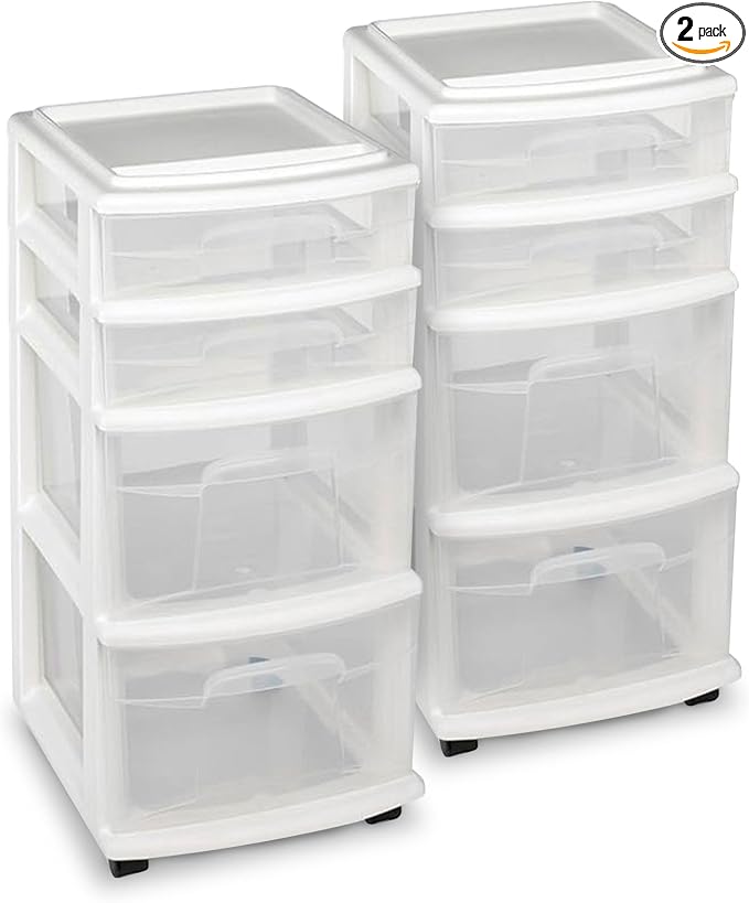 HOMZ 2-Pack Drawer Tower, 4-Tier Clear Plastic Storage Organizer Cart, White Frame - Organizing Containers with Wheels for Home, Bathroom, Bedroom, Office, and Classroom by Homz
