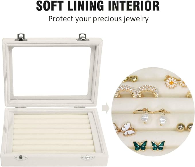 Vicoter Rings Organizer Tray 7 Slots Velvet Jewelry Earring Storage Box with Transparent lid Jewelry Display Case for Girls Wife Mom Women (Beige) - Image 3