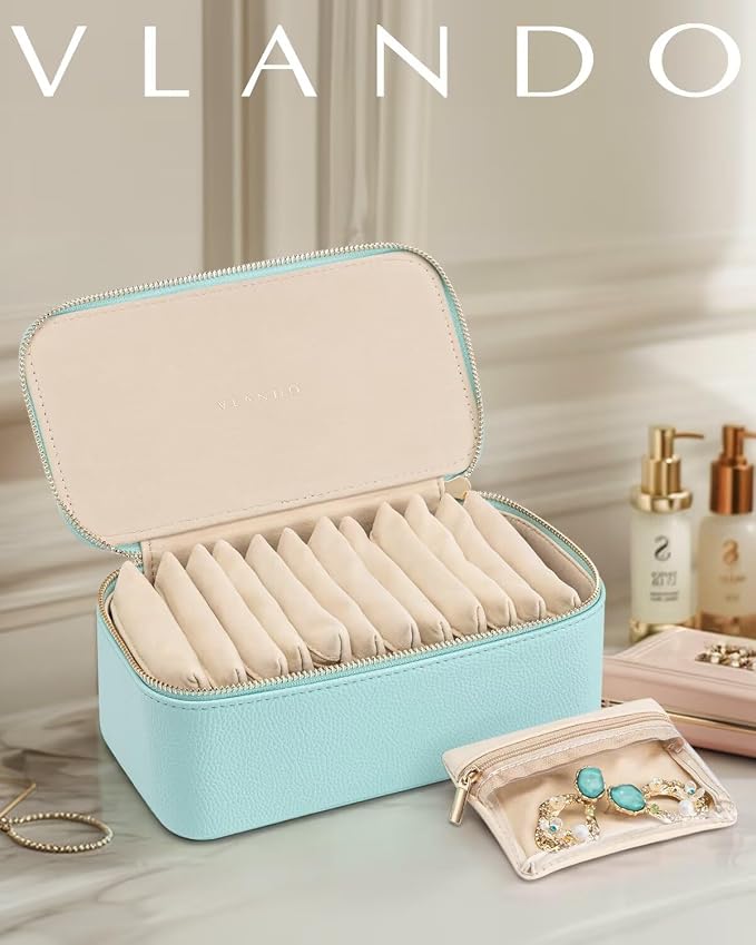 VLANDO Jewelry Travel Case,Travel Jewelry Organizer with Clear Velvet Jewelry Bags 12Pcs Zipper Pouch for Women Girl Trendy Stuff Gift-Lake Blue - Image 7