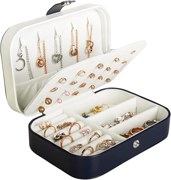 Hatori Travel Jewelry Box, PU Leather Small Jewelry Organizer for Women Girls, Portable Mini Travel Case Display Storage Holder Boxes for Stud Earrings, Rings, Necklaces, Bracelets (Blue) by SAJOMA