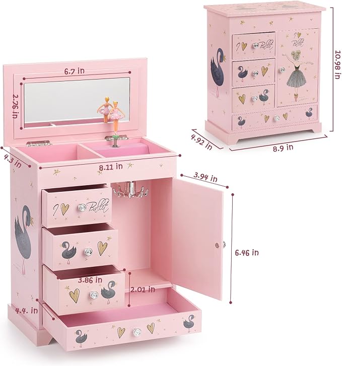 Jewelry Box for Girls 8.9 x 4.92 x 10.98 inch Large 5 Layer Music Box with Spinning Ballerina with Unicorn Necklace & Bracelet Set Jewelry Organizer for Kids Birthday Christmas Gift Pink - Image 3