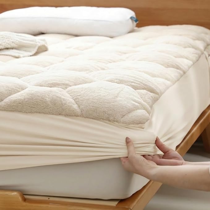 Faux Fur Mattress Pad Quilted Fitted Mattress Cover, Fluffy Warm Soft Breathable Mattress Protector, Mattress Topper with 8-21" Deep Pocket (White, King)