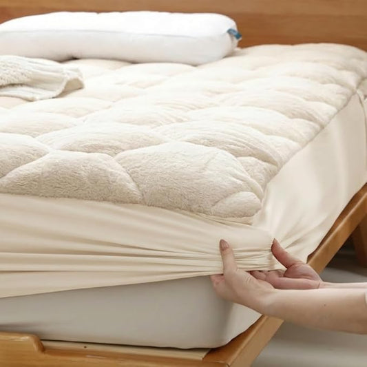 Faux Fur Fitted Mattress Pad Quilted Bottom Sheet, Fluffy Mattress Protector Cover, Luxury Soft Fitted Sheet Mattress Topper with 8-21" Deep Pocket Queen