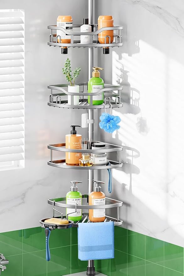 HAMITOR Shower Caddy Tension Pole: Rustproof Quick Install Corner Bathroom Organizer Shelf on Floor for Renters - 4-Tier Large Capacity Storage Rack with Soap Holder for Apartment -47-121 Inch/Silver by HAMITOR