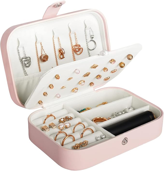 Hatori Travel Jewelry Box, PU Leather Small Jewelry Organizer for Women Girls, Portable Mini Travel Case Display Storage Holder Boxes for Stud Earrings, Rings, Necklaces, Bracelets (Pink) by SAJOMA