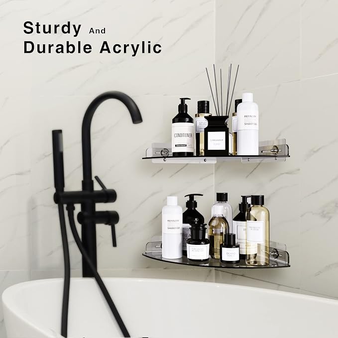 Bakzon Acrylic Corner Shelves, 2 Pack Adhesive Shower Caddy Organizer for Tile Walls, Wall Mounted Clear Bathroom Shelves for Inside Shower & Kitchen Storage - Image 4
