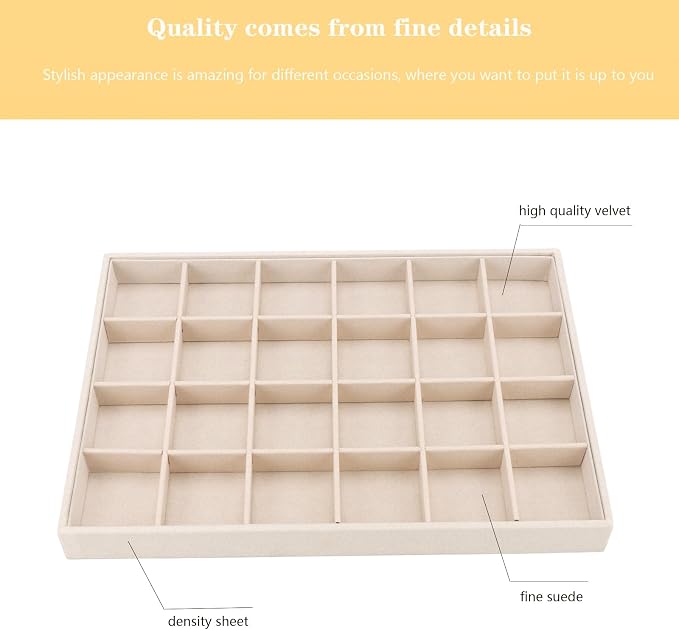 Large Velvet Jewelry Tray, Drawer Organizer for Jewelry in Dresser, Stackable Jewelry Drawer Organizer Inserts for Earring Necklace Bracelet Rings(Beige,24grid) - Image 6