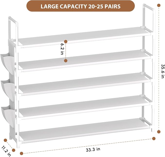 OYREL 5 Tier Shoe Organizer, 33.3in Wide x 11.2in Deep x 35.6in Tall, Black Metal and Plastic Shoe Rack with Side Bag, Holds 20-25 Pairs of Shoes - Image 3
