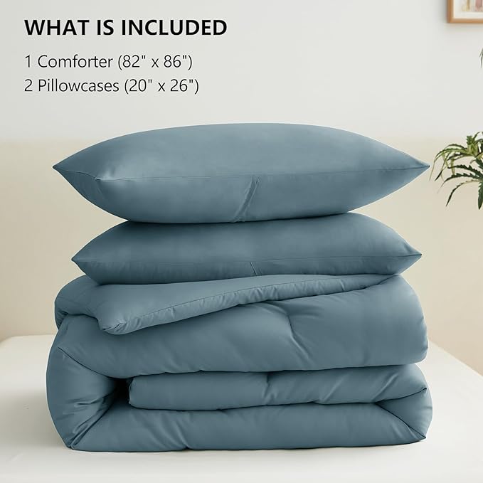CozyLux Full Size Comforter Set Mineral Blue, 3 Pieces Solid Breathable Quilted Bedding Sets, Luxury Lightweight Soft Bed Set with Down Alternative Comforter and 2 Pillowcases for All Seasons