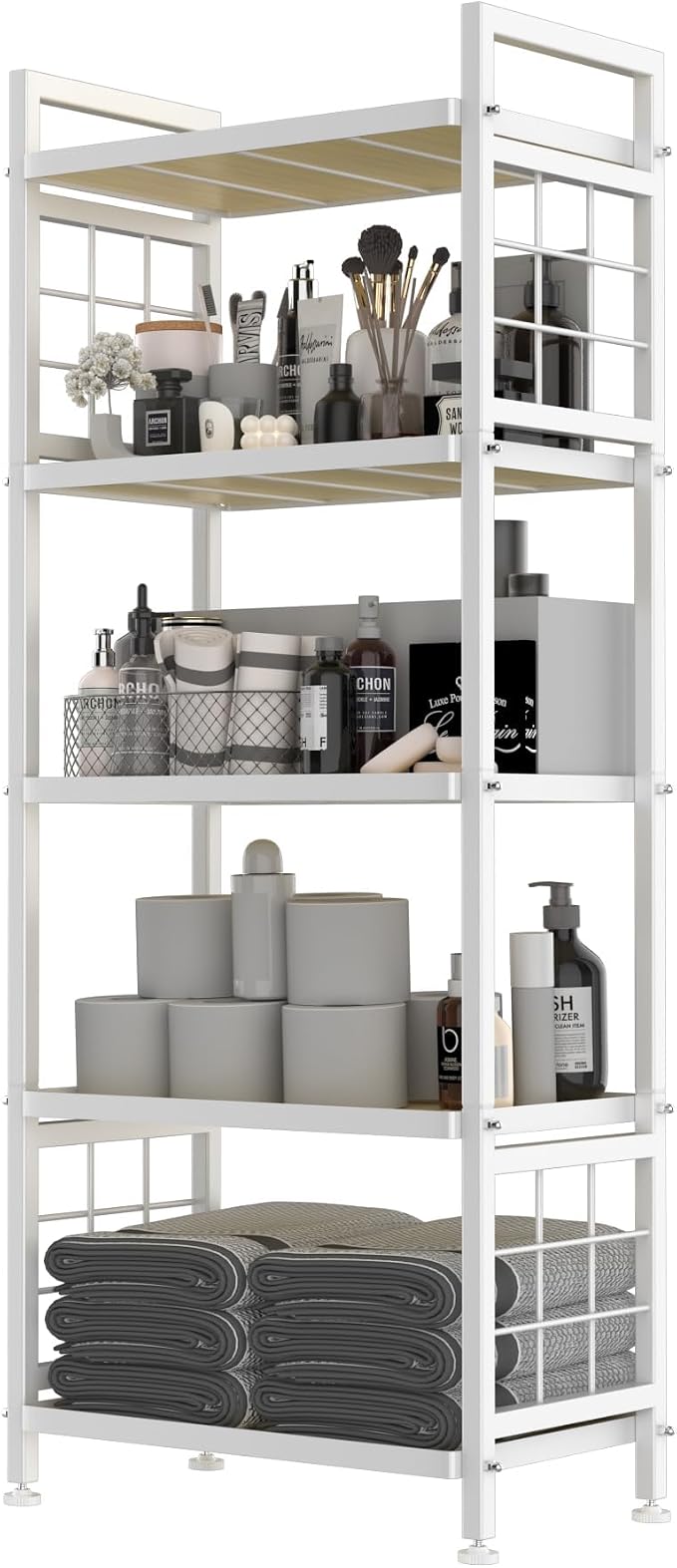 GIOTORENT 5-Tier Pantry Shelves with Wooden Boards, Heavy Duty Storage Shelves & Book Shelf, Adjustable Metal Shelving Unit for Kitchen Bathroom Laundry Organizer, Sturdy Rust-Resistant, White - Image 9