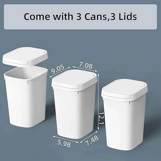 KSSKSS 3 Pack Bathroom Small Trash Can with Lid, 2.6 Gallon Slim Garbage Bin with Pop-Up Lid, 10L Plastic Wastebasket for Bedroom, Office, Kitchen, Toilet (White) - Image 6