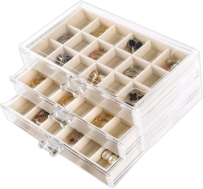 YUFONG Earring Organizer Box Acrylic Jewelry Organizer with 3 Drawers 54 Adjustable Grids Clear Stackable Earring Holder Velvet Trays Ring Display Case for Women Girls (Beige) by YUFONG